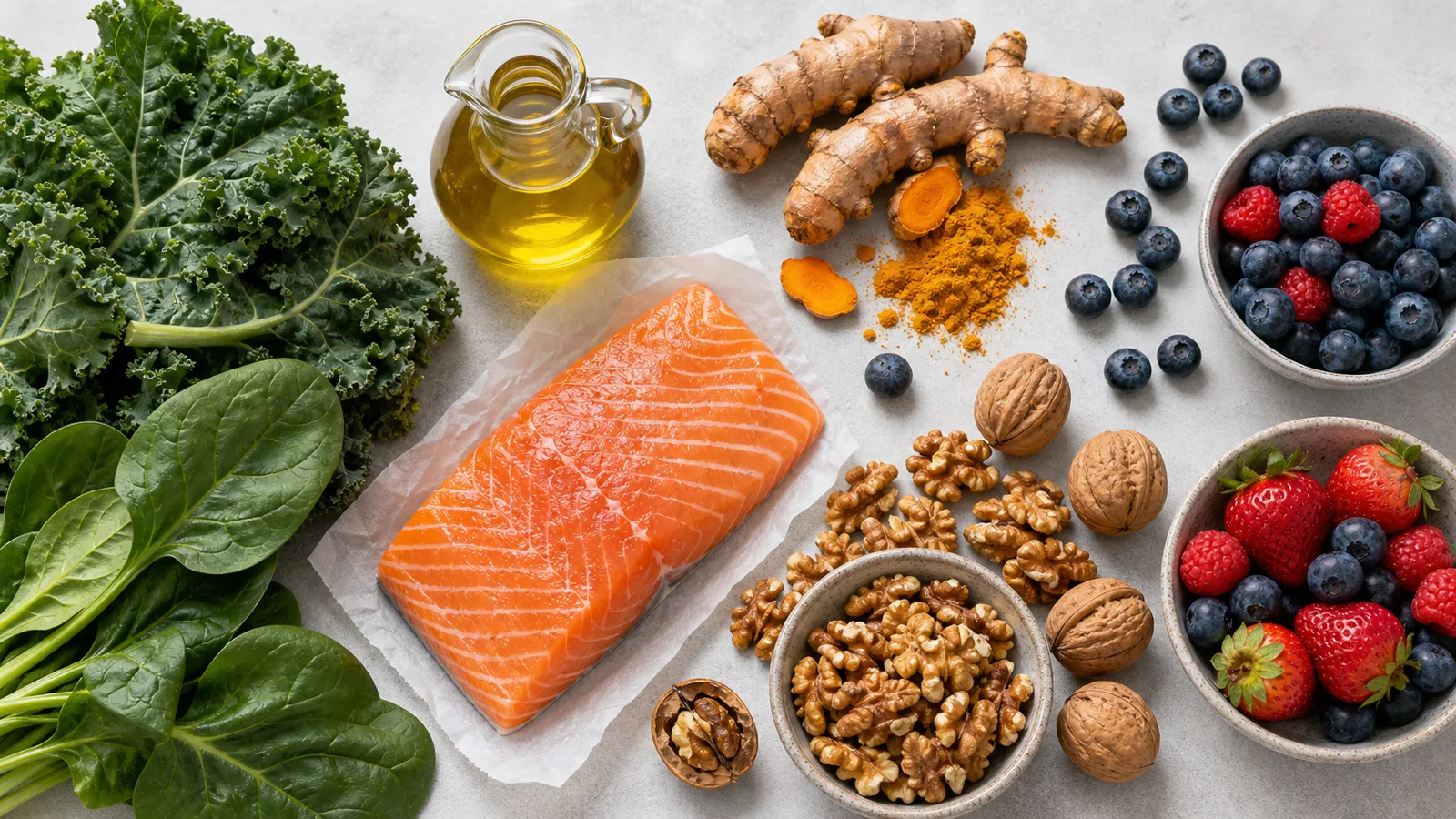 Anti-inflammatory whole foods — oily fish, leafy greens, berries, walnuts, olive oil and turmeric